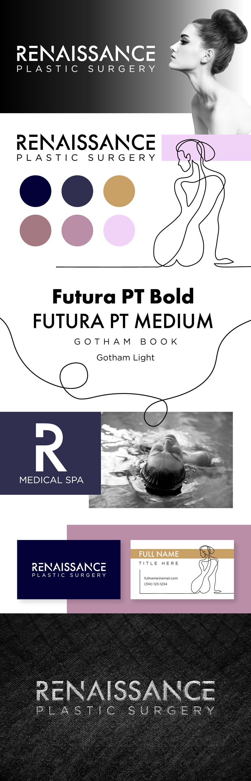 Renaissance Plastic Surgery brand style board. Color palette, fonts, imagery and a business card are included