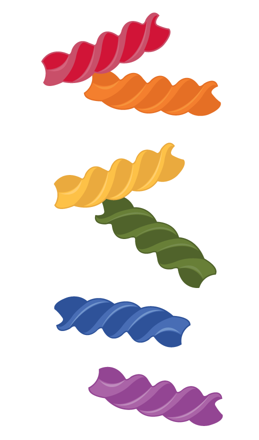 Rainbow colored pasta noodles in a vertical line