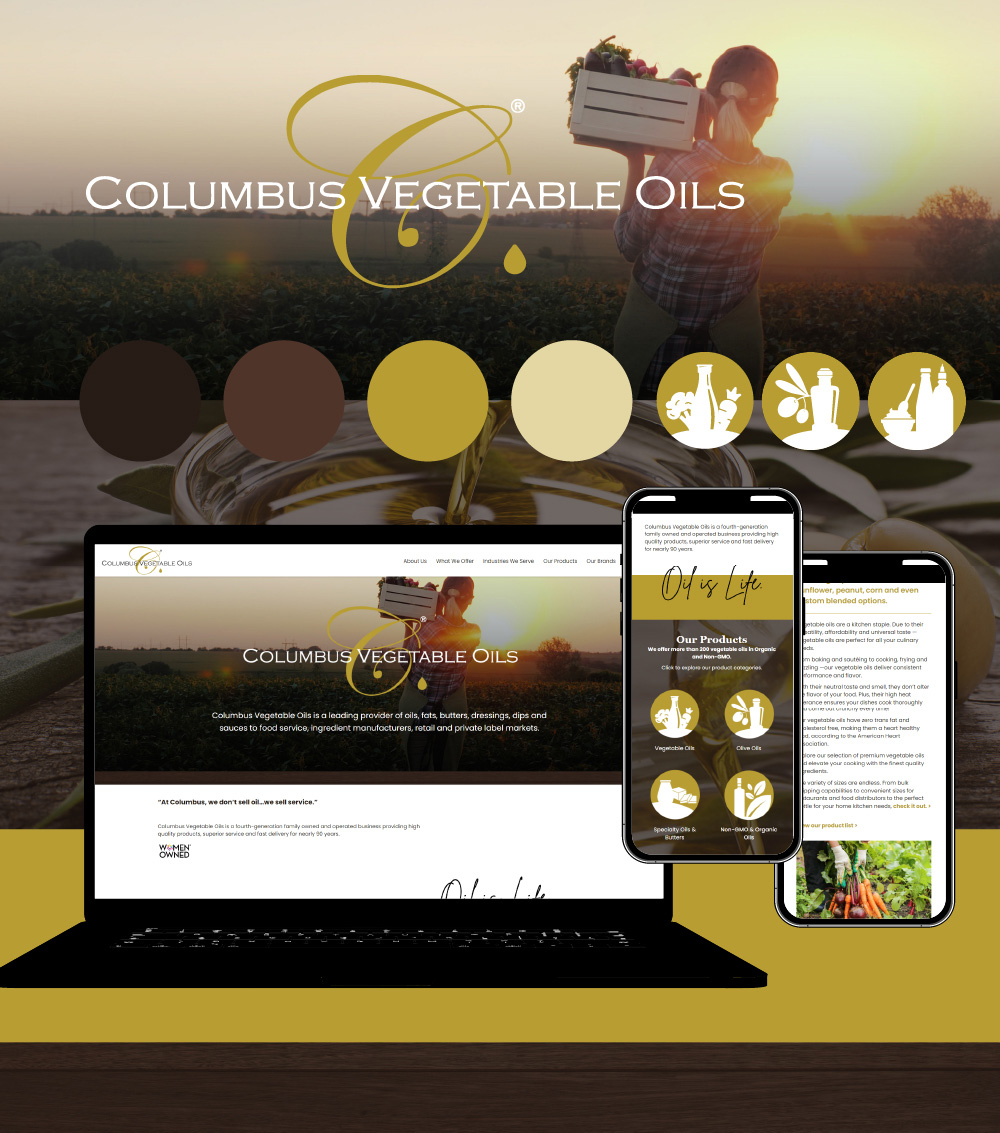 Columbus Vegetable Oils brand board with laptop and phones showing the website.